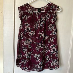 Burgundy semi sheer floral blouse with flutter detail on shoulder